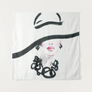 Watercolor woman portrait, abstract fashion illust tapestry