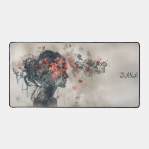 Watercolor Woman Silhouette with Hearts Desk Mat