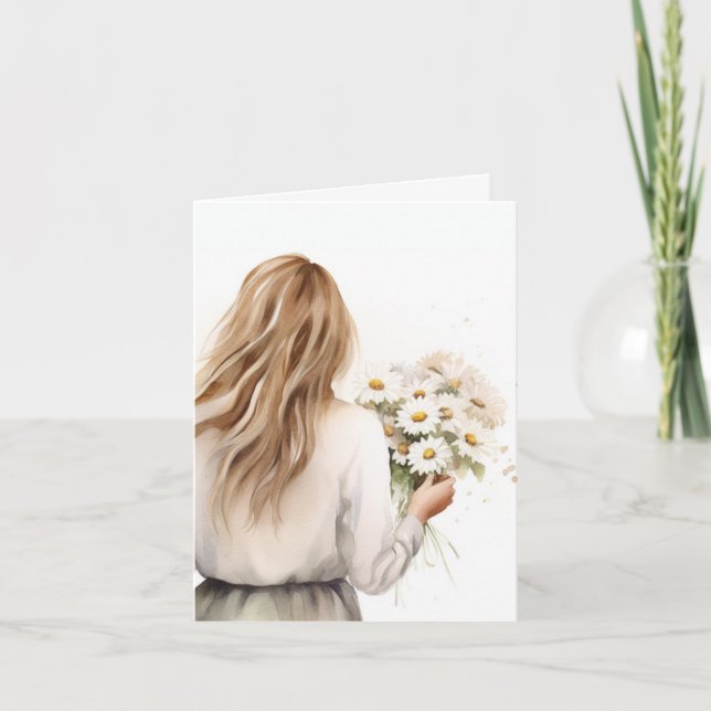 Watercolor Woman With Daisy Card (Front)