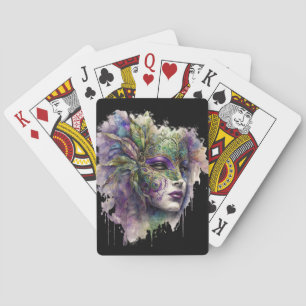 WATERCOLOR WOMANS FACE WITH MARDI GRAS MASK PLAYING CARDS