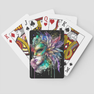 WATERCOLOR WOMANS FACE WITH MARDI GRAS MASK PLAYING CARDS