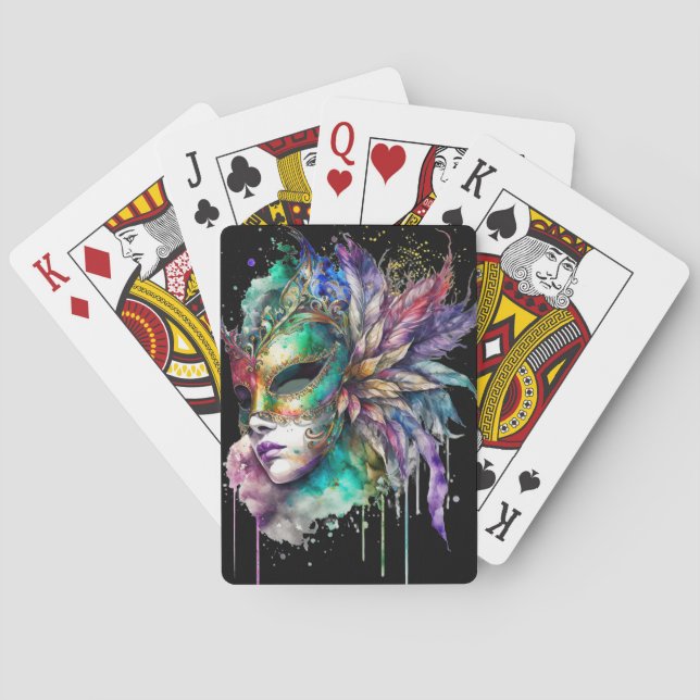 WATERCOLOR WOMANS FACE WITH MARDI GRAS MASK PLAYING CARDS (Back)