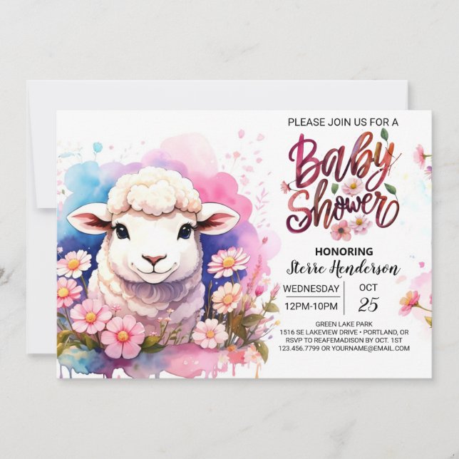 Watercolor Wonderland Sheep Girl Baby Shower Invitation (Front)