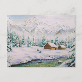 Watercolor Wood Houses and Pine Tree in Snow  Postcard