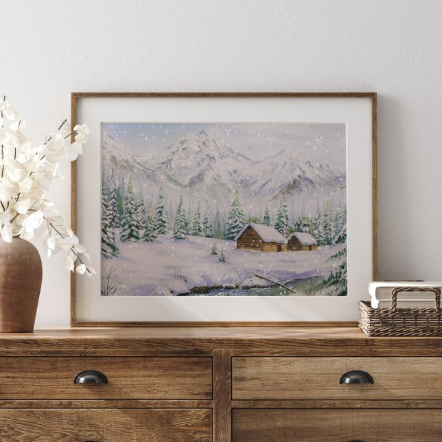 Watercolor Wood Houses and Pine Tree in Snow Poster (Creator Uploaded)