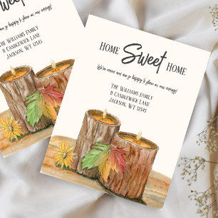 Watercolor Wooden Candles In Autumn Moving  Announcement Postcard