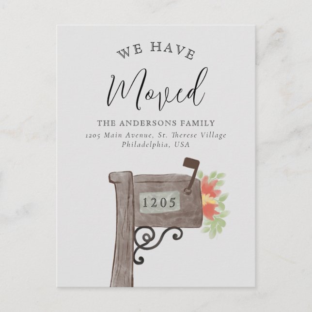 Watercolor Wooden Mailbox New Home Moving Grey Announcement Postcard (Front)