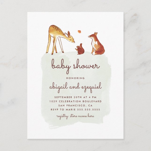 Watercolor Woodland Animal Friends Baby Shower Invitation Postcard (Front)