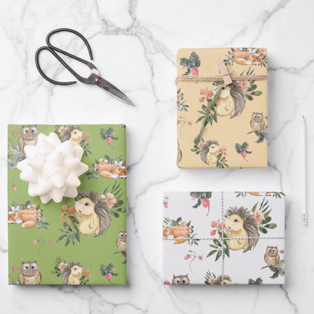 Watercolor Woodland Animal Gift Wrapping Paper Set (Front)