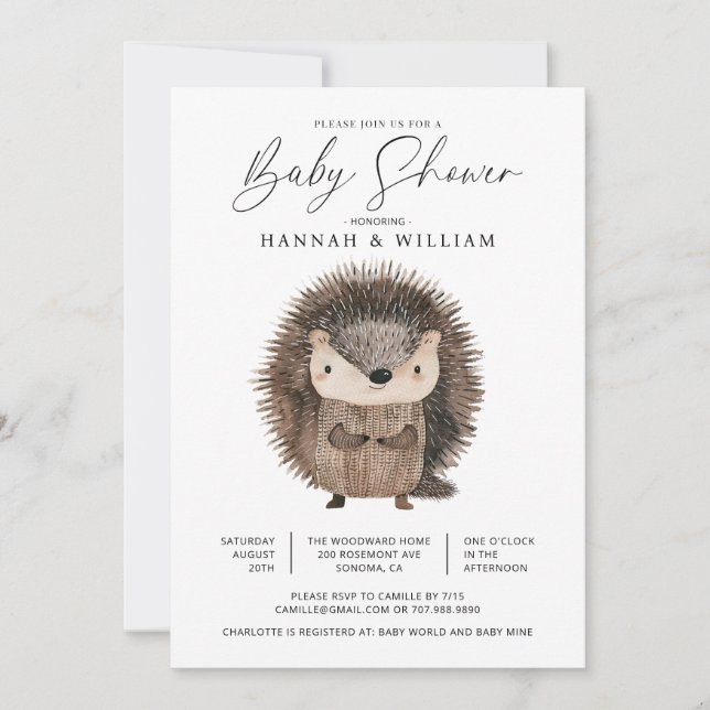Watercolor Woodland Animal Hedgehog Baby Shower Invitation (Front)