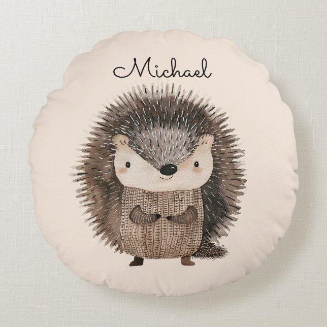 Watercolor Woodland Animal Hedgehog Personalised Round Cushion (Front)