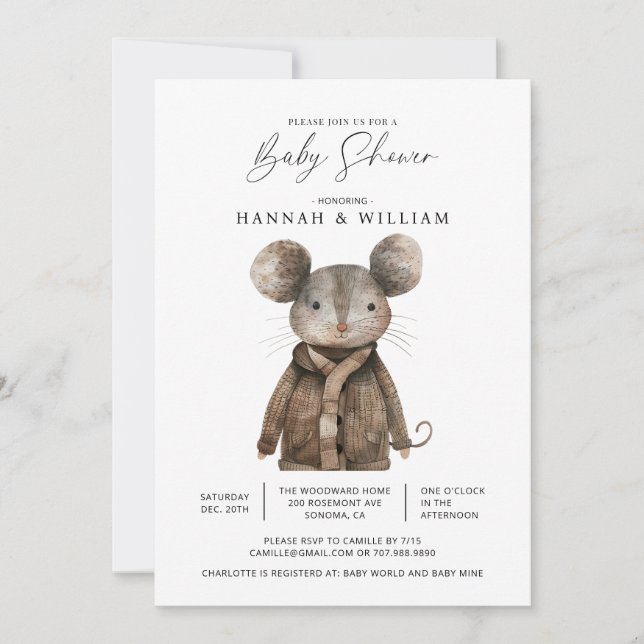Watercolor Woodland Animal Mouse Baby Shower Invitation (Front)