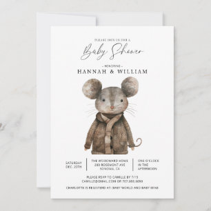 Watercolor Woodland Animal Mouse Baby Shower Invitation