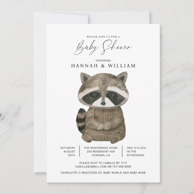 Watercolor Woodland Animal Racoon Baby Shower Invitation (Front)