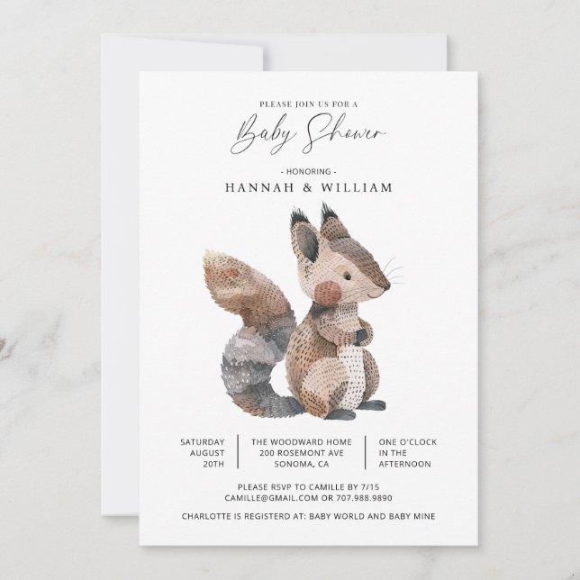 Watercolor Woodland Animal Squirrel Baby Shower Invitation (Front)