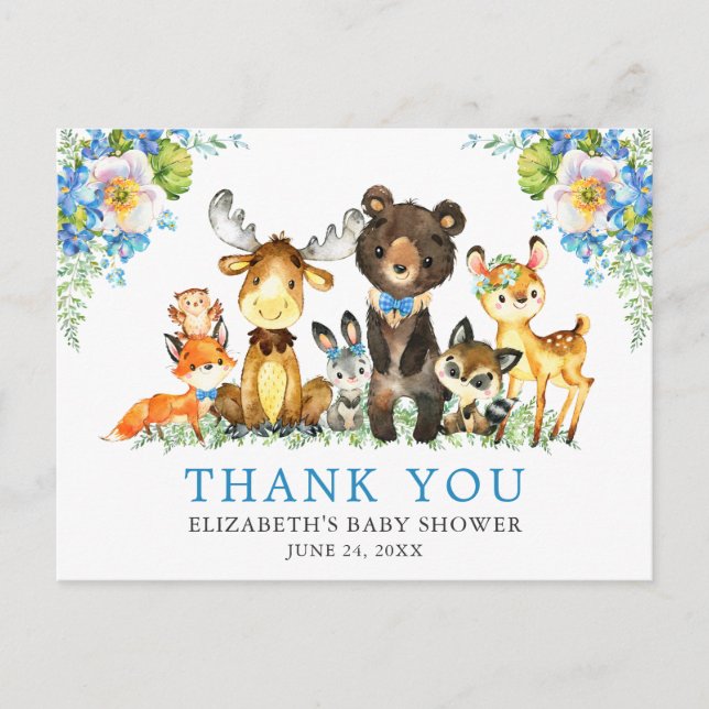 Watercolor Woodland Animals Baby Shower Blue Postcard (Front)