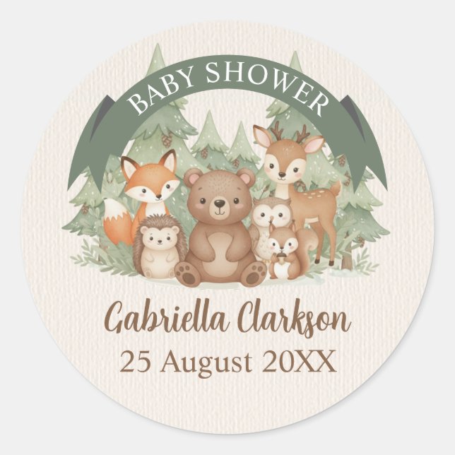 Watercolor Woodland Animals Baby Shower Classic Round Sticker (Front)