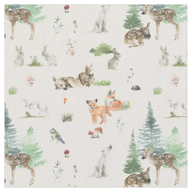 Watercolor Woodland Animals Baby Shower  Fabric (Close Up)