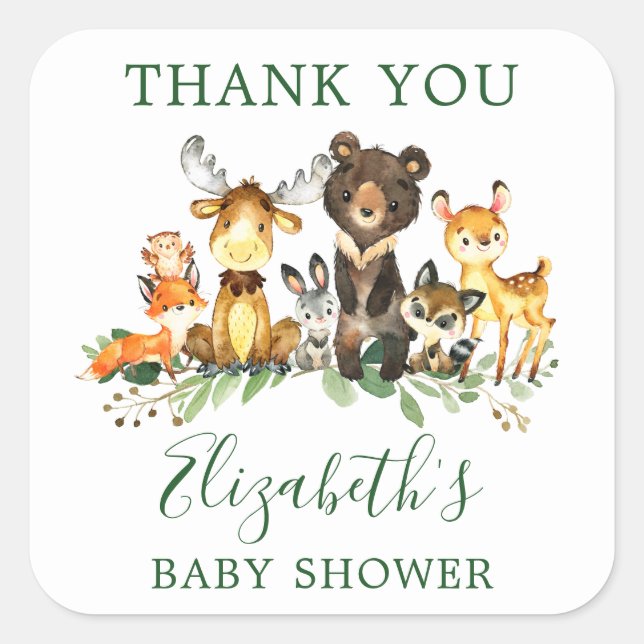 Watercolor Woodland Animals Baby Shower Favour Square Sticker (Front)