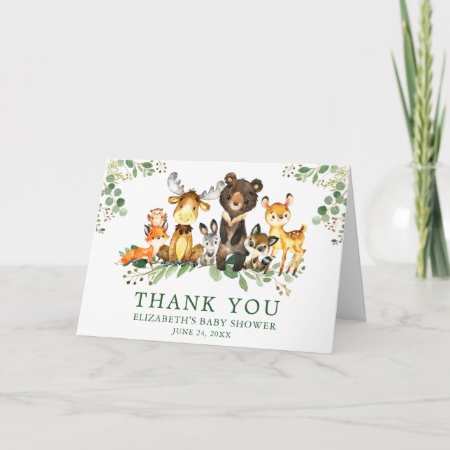 Watercolor Woodland Animals Baby Shower Fold Thank You Card (Front)