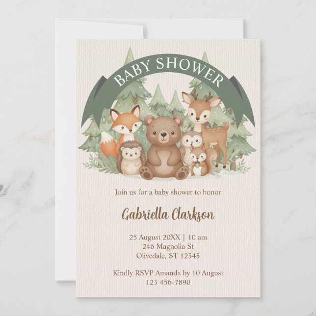 Watercolor Woodland Animals Baby Shower Invitation (Front)