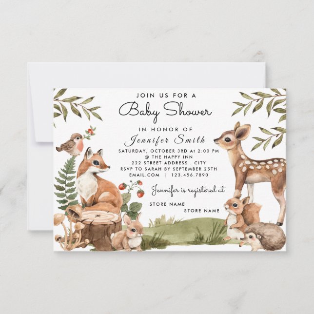 Watercolor Woodland Animals Baby Shower Invitation (Front)