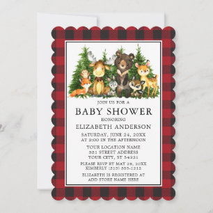 Watercolor Woodland Animals Baby Shower Plaid Invitation