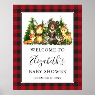 Watercolor Woodland Animals Baby Shower Plaid Poster
