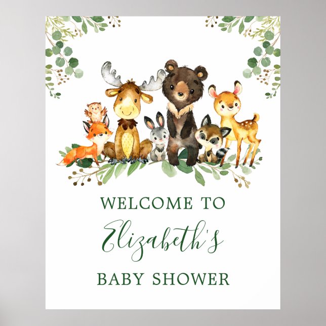 Watercolor Woodland Animals Baby Shower Poster (Front)