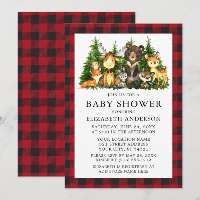 Watercolor Woodland Animals Baby Shower Red Plaid Invitation (Front/Back)