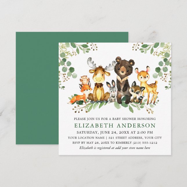 Watercolor Woodland Animals Baby Shower Square Invitation (Front/Back)