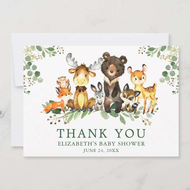 Watercolor Woodland Animals Baby Shower Thank You Card (Front)