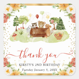 Watercolor Woodland Animals Birthday Square Sticker