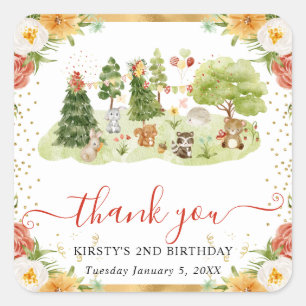 Watercolor Woodland Animals Birthday Square Sticker