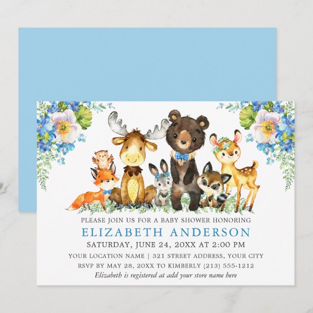 Watercolor Woodland Animals Blue Floral Invitation (Front/Back)