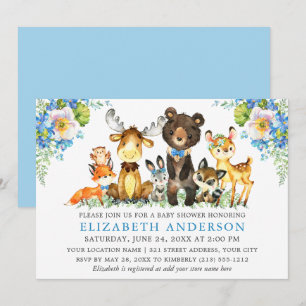 Watercolor Woodland Animals Blue Floral Invitation