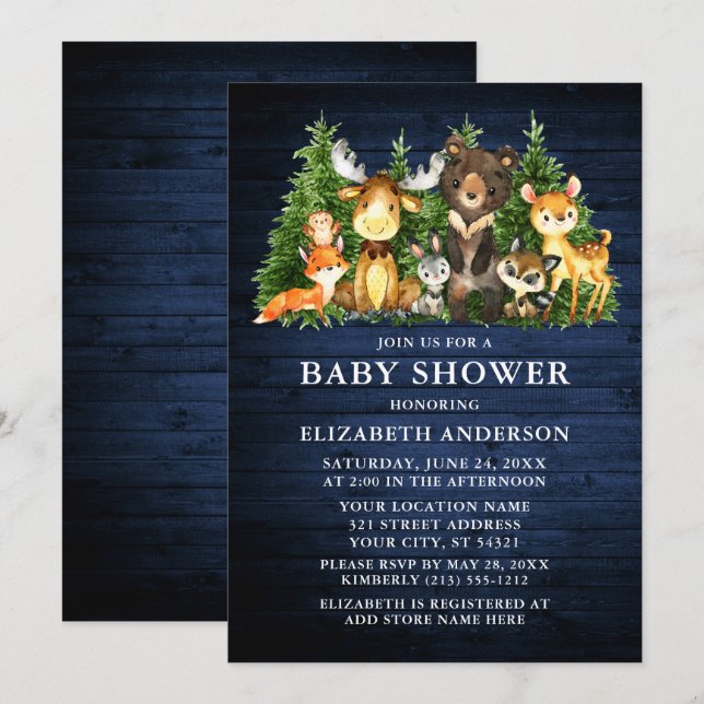 Watercolor Woodland Animals Blue Wood Shower Invitation (Front/Back)