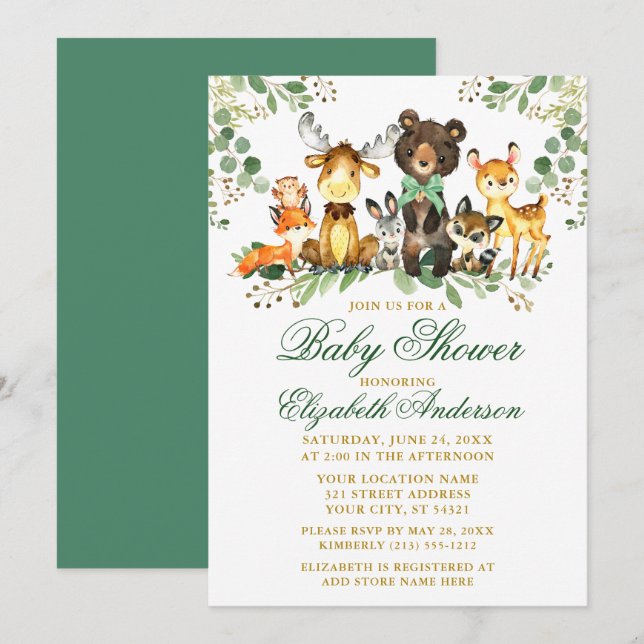Watercolor Woodland Animals Bow Baby Shower Gold Invitation (Front/Back)