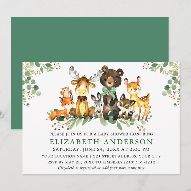 Watercolor Woodland Animals Bow Baby Shower Invitation (Front/Back)