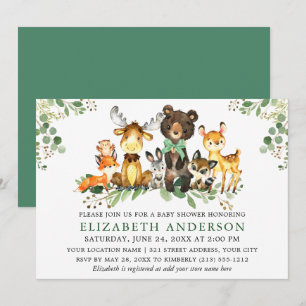 Watercolor Woodland Animals Bow Baby Shower Invitation