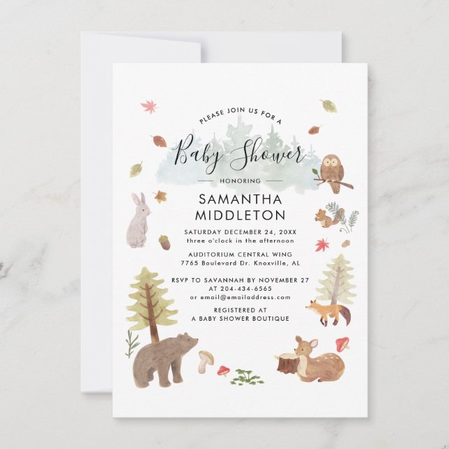 Watercolor Woodland Animals Boys Baby Shower Invitation (Front)