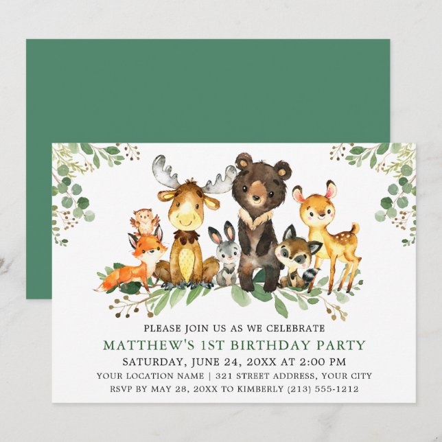 Watercolor Woodland Animals First Birthday Invitation (Front/Back)