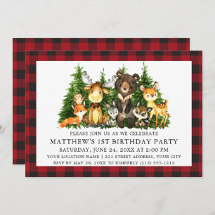 Watercolor Woodland Animals First Birthday Plaid Invitation