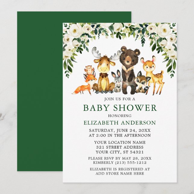 Watercolor Woodland Animals Floral Baby Shower Invitation (Front/Back)