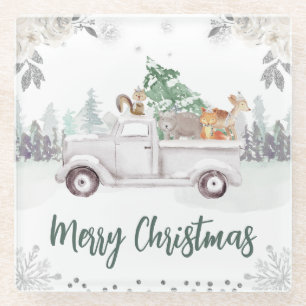 Watercolor Woodland Animals Floral Christmas Glass Coaster