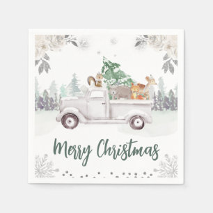 Watercolor Woodland Animals Floral Christmas Napkin