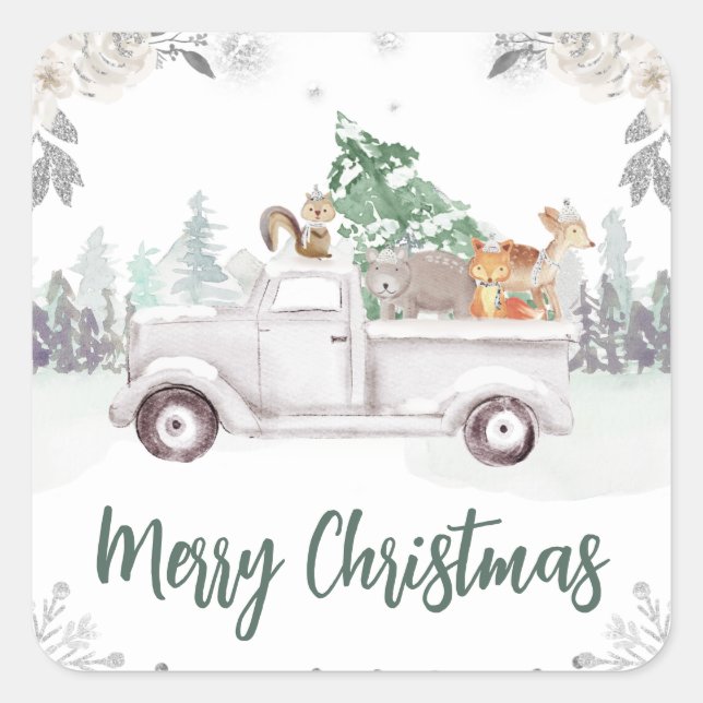 Watercolor Woodland Animals Floral Christmas Square Sticker (Front)