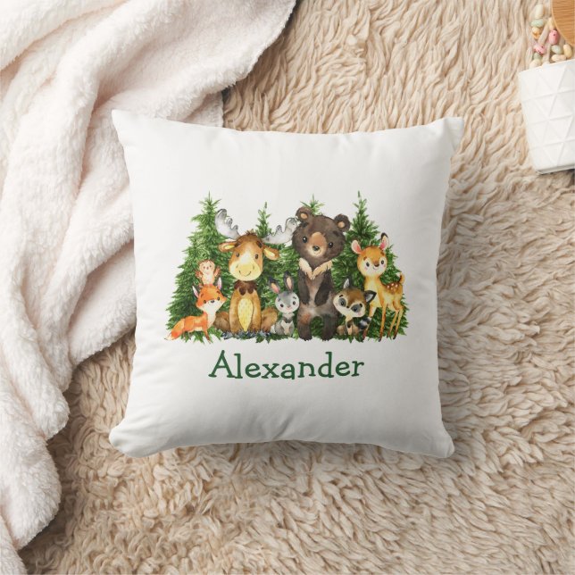 Watercolor Woodland Animals Forest Trees Cushion (Blanket)