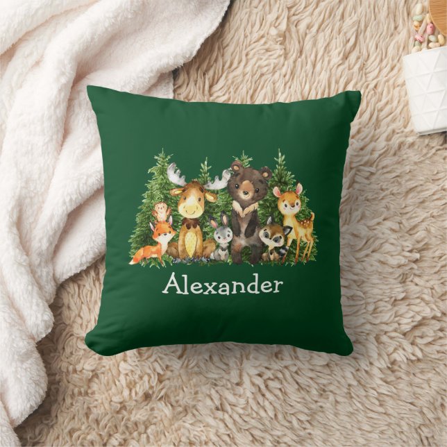 Watercolor Woodland Animals Forest Trees Green Cushion (Blanket)