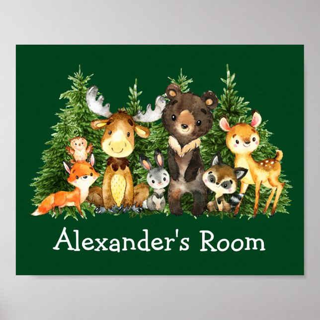 Watercolor Woodland Animals Forest Trees Green Poster (Front)